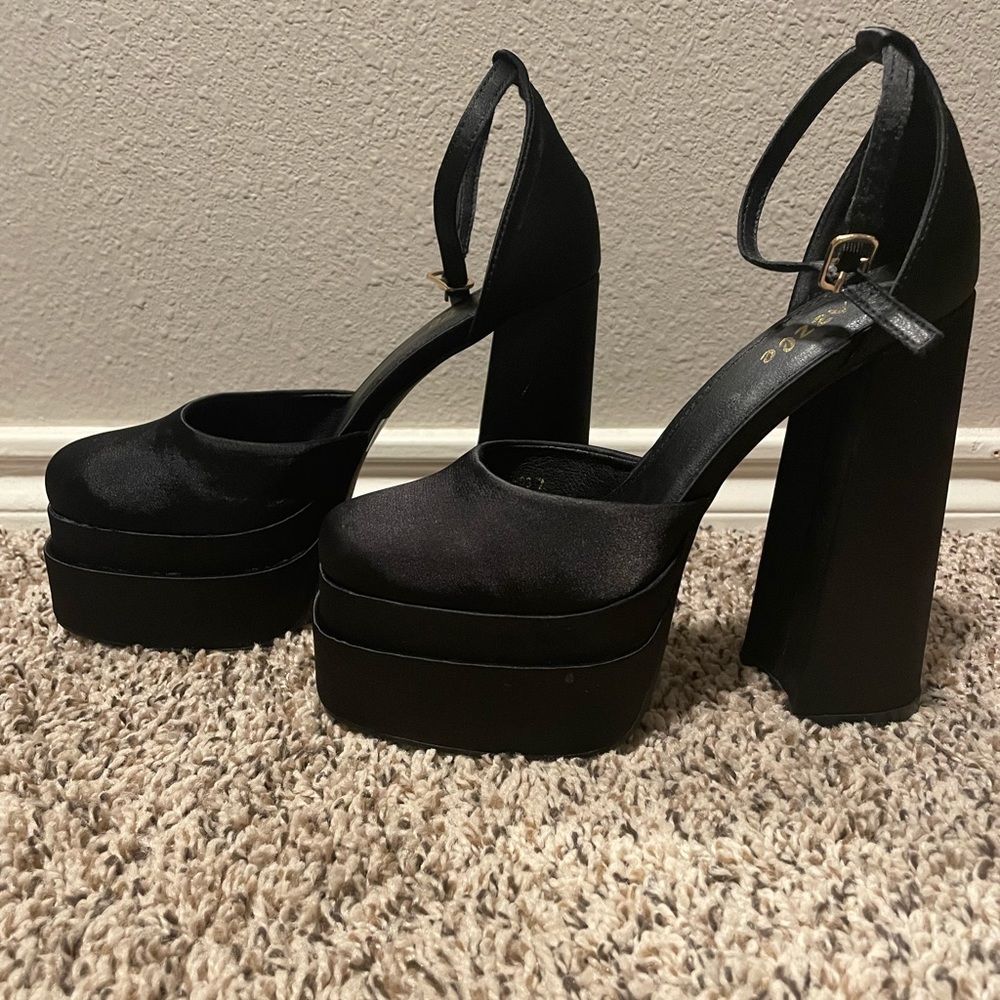 Satin Square toe platform ankle strap side buckle black heels